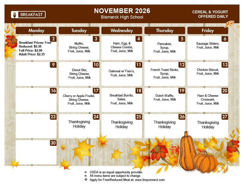 A November 2024 calendar for Westport High School displays various lunch menus, with autumn leaf and pumpkin graphics.